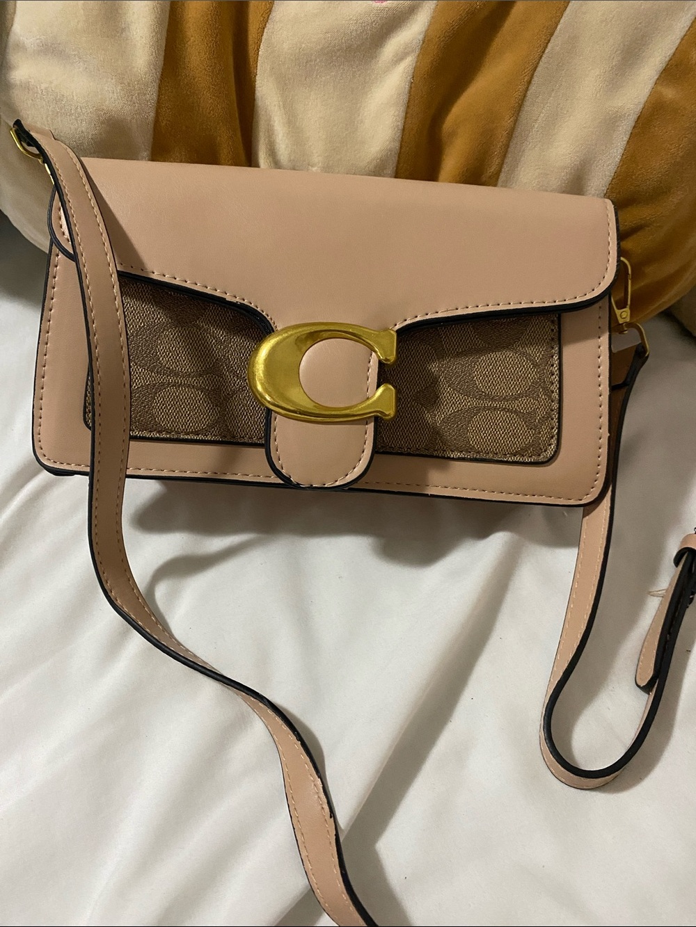 Coach Blush Pink Leather & Brown Signature Canvas Crossbody with Gold 'C'